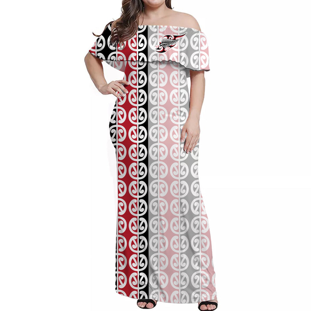 New Zealand Fern Off Shoulder Long Dress Aotearoa Maori Kowhaiwhai Pattern