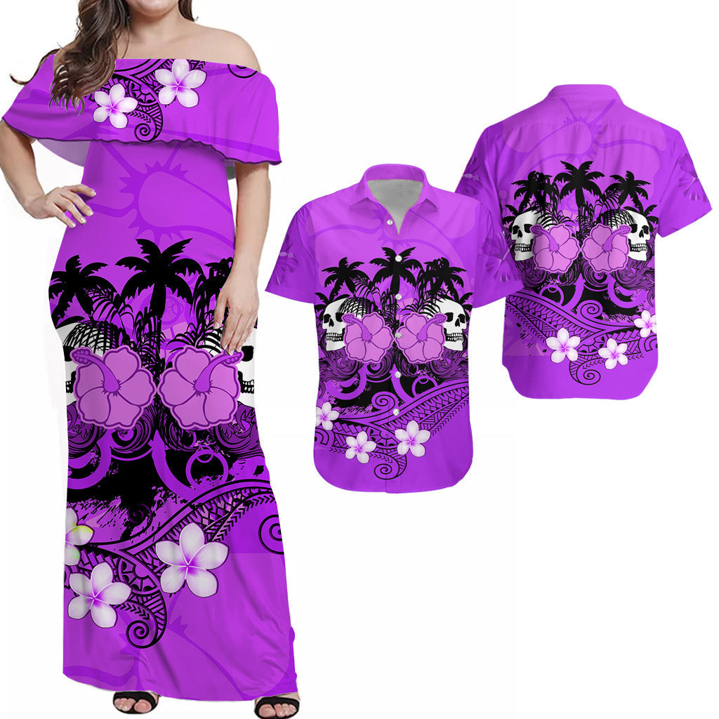 Hawaii Matching Clothes For Couples Hawaii Skull Combo Dress and Hawaiian Shirt Mysterious Polynesia and Purple Flowers