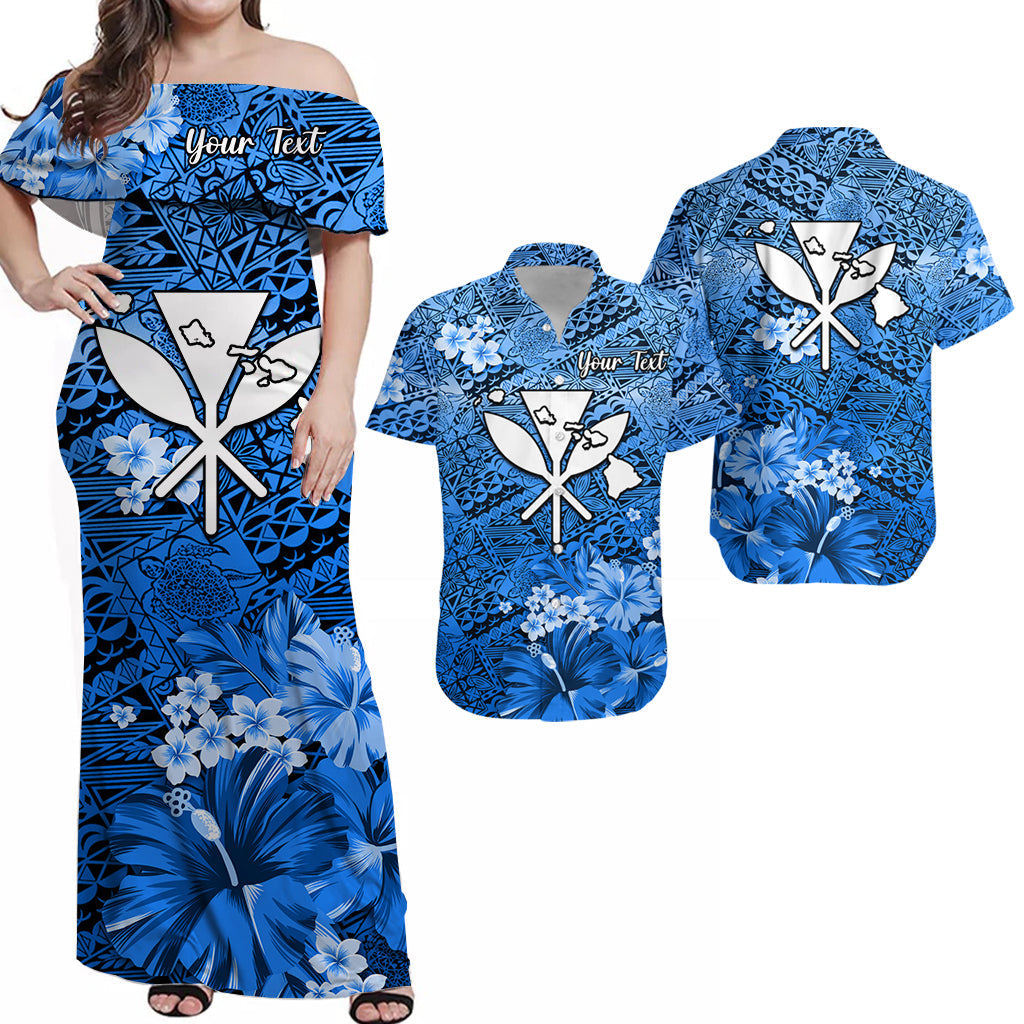 (Custom Personalised) Hawaii Matching Outfit For Couple Combo Dress and Hawaiian Shirt Map and Turtle Blue Flowers