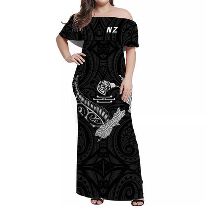New Zealand Maori Off Shoulder Long Dress Heart of Silver Fern Map and Kiwi Black