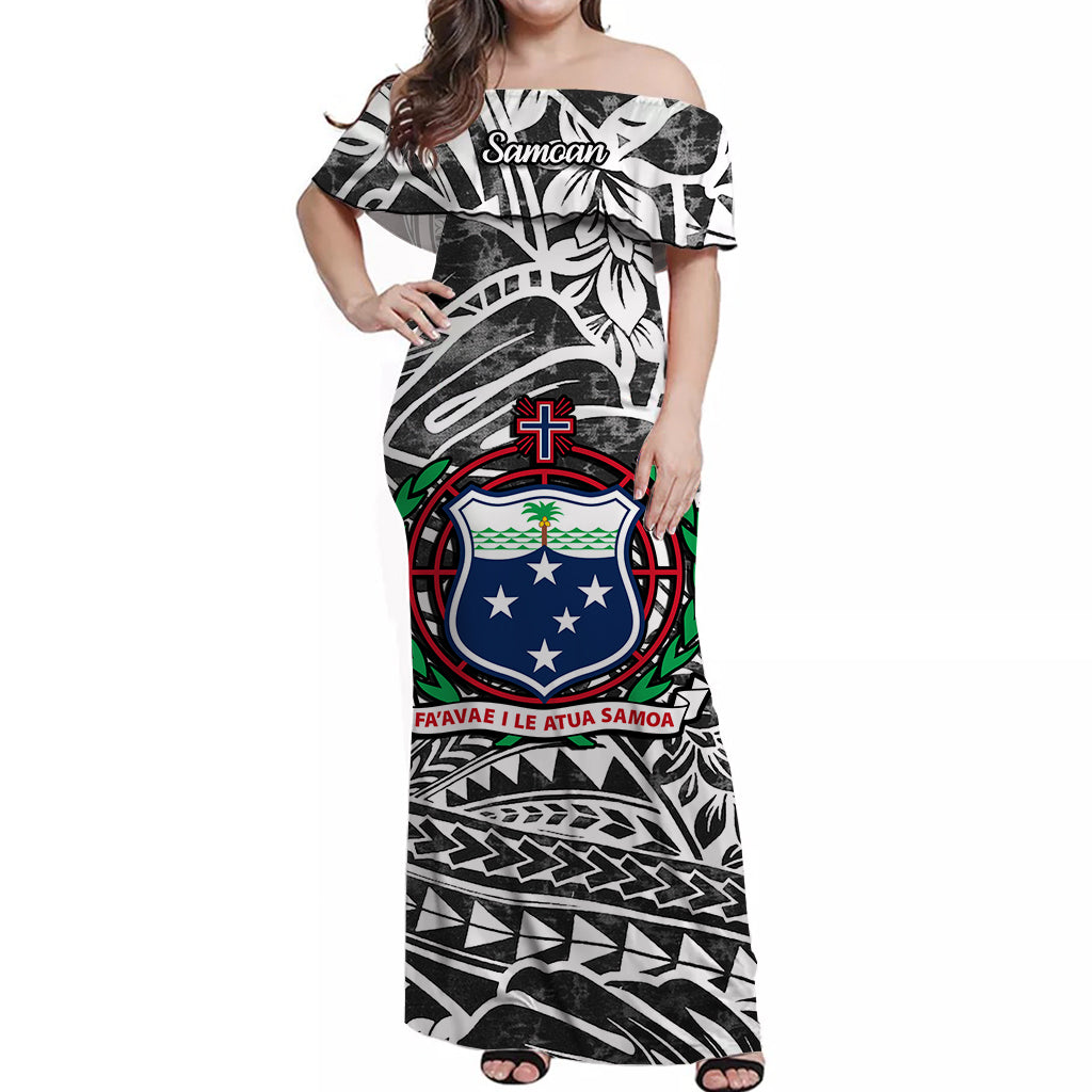 Samoa Off Shoulder Long Dress Hibiscus and Turtles Gray