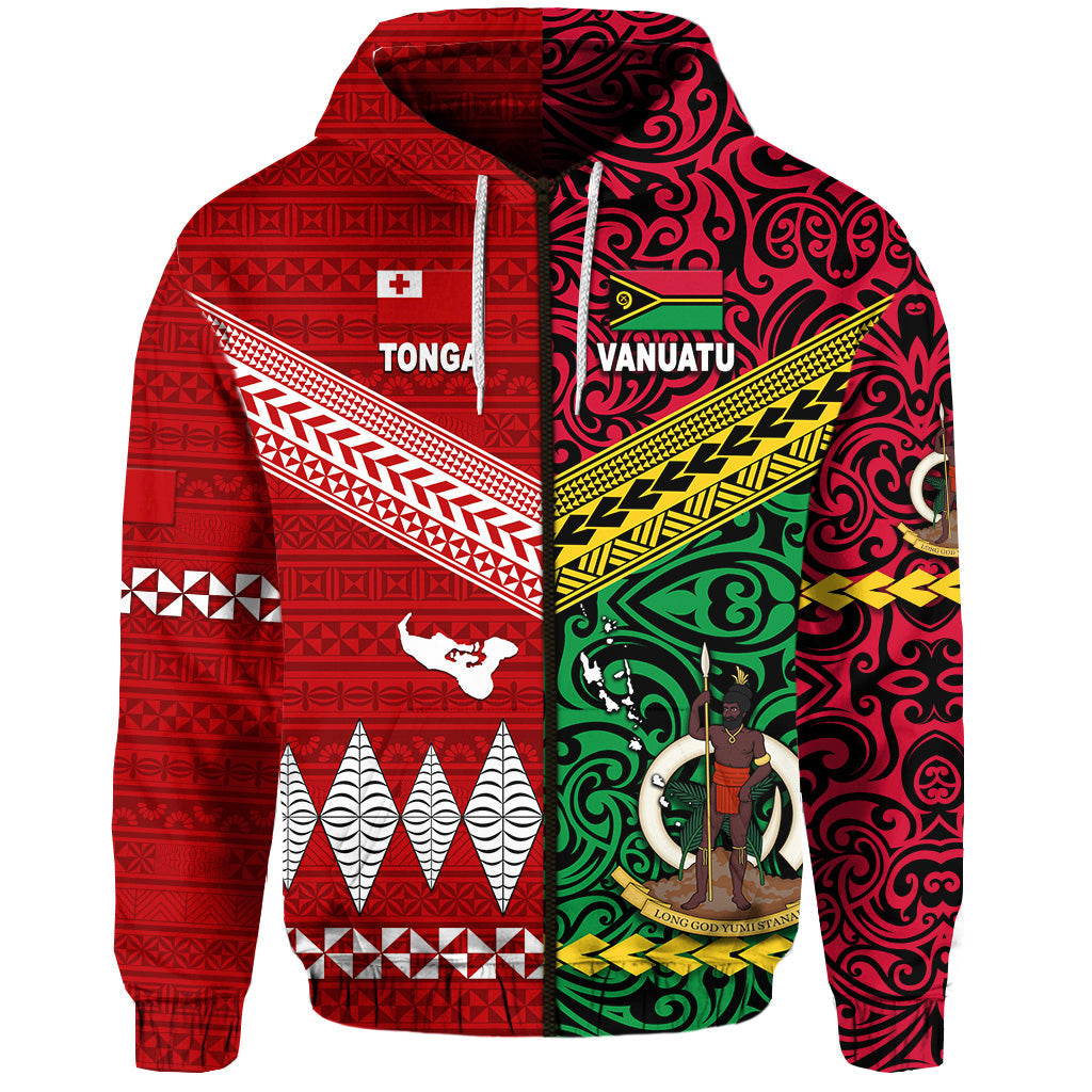 Vanuatu And Tonga Zip Hoodie Polynesian Together Bright Red