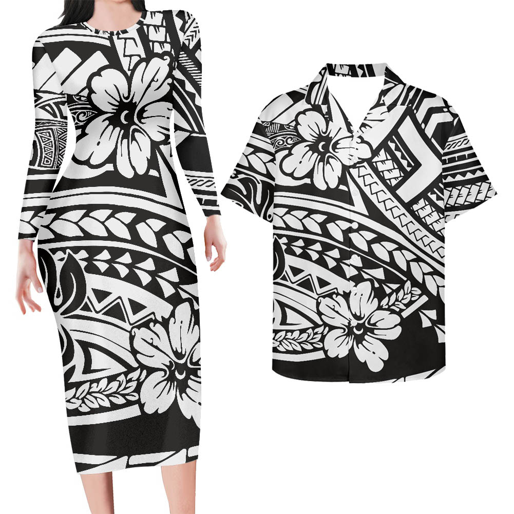 Black Matching Outfit For Couples Polynesian Hawaii Floral Tattoo Patern Bodycon Dress And Black Hawaii Shirt