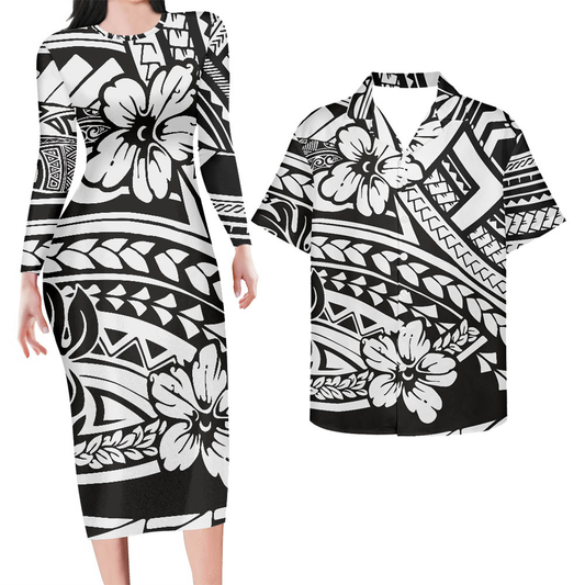 Black Matching Outfit For Couples Polynesian Hawaii Floral Tattoo Patern Bodycon Dress And Black Hawaii Shirt