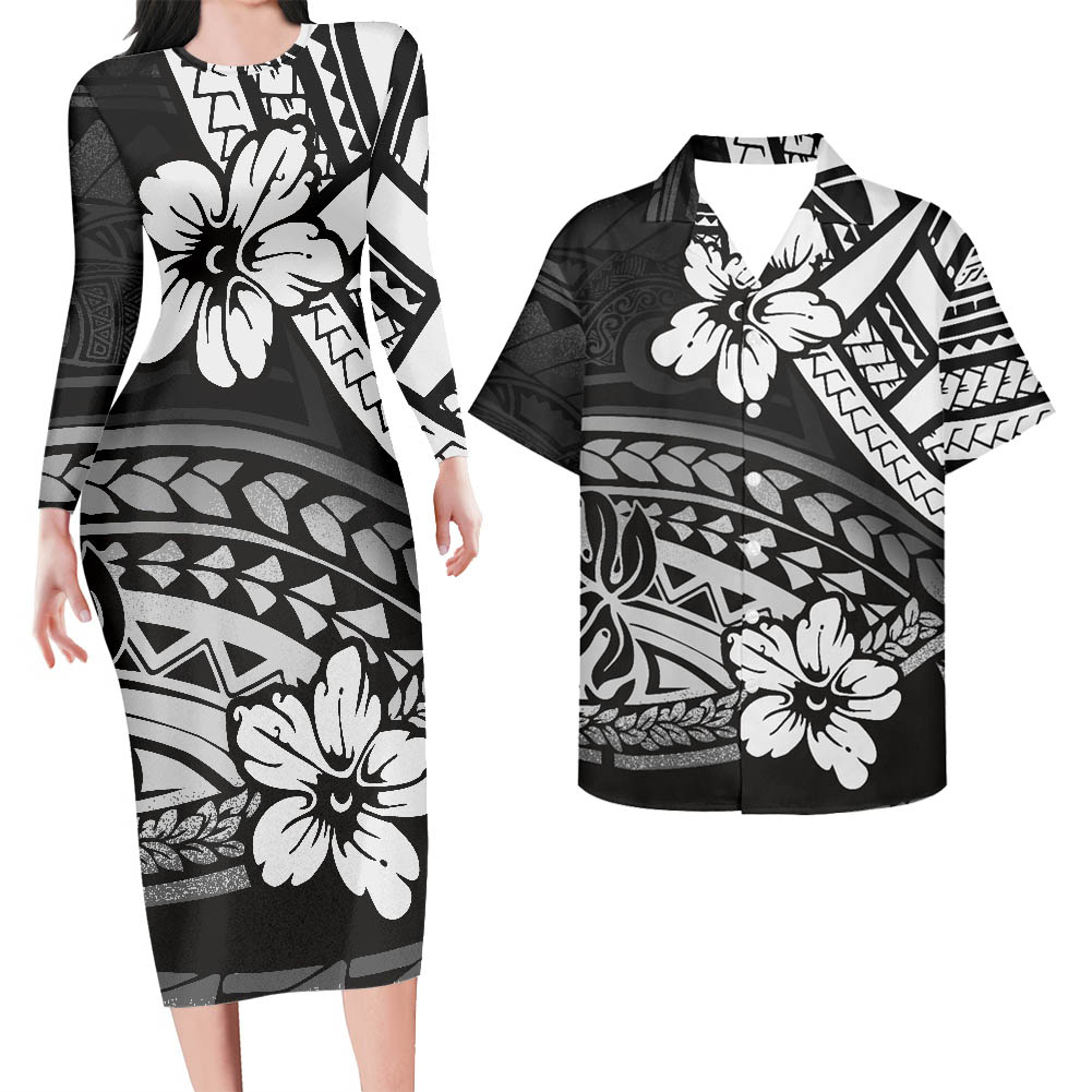 Hawaii Matching Outfit For Couples Hawaii Flowers Tattoo Curve Style Bodycon Dress And Hawaii Shirt