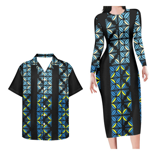 Hawaii Matching Outfit For Couples Polynesian Tribal Blue Pattern Bodycon Dress And Black Hawaii Shirt