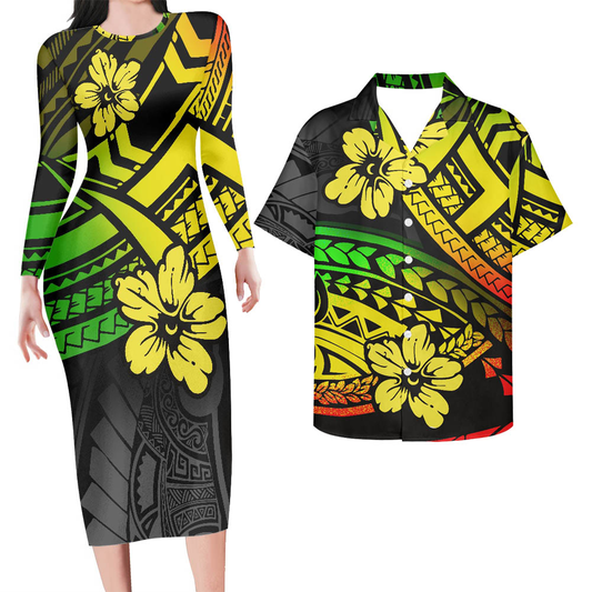 Hawaii Matching Outfit For Couples Hawaii Yellow Flowers Tattoo Pattern Bodycon Dress And Hawaii Shirt
