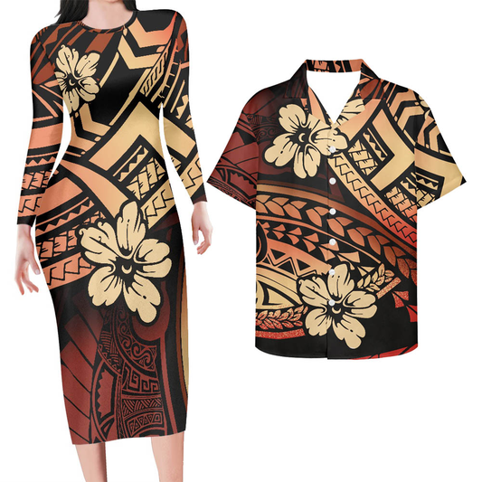Hawaii Matching Clothes For Couples Hawaii Floral Tattoo Pattern Bodycon Dress And Hawaii Shirt