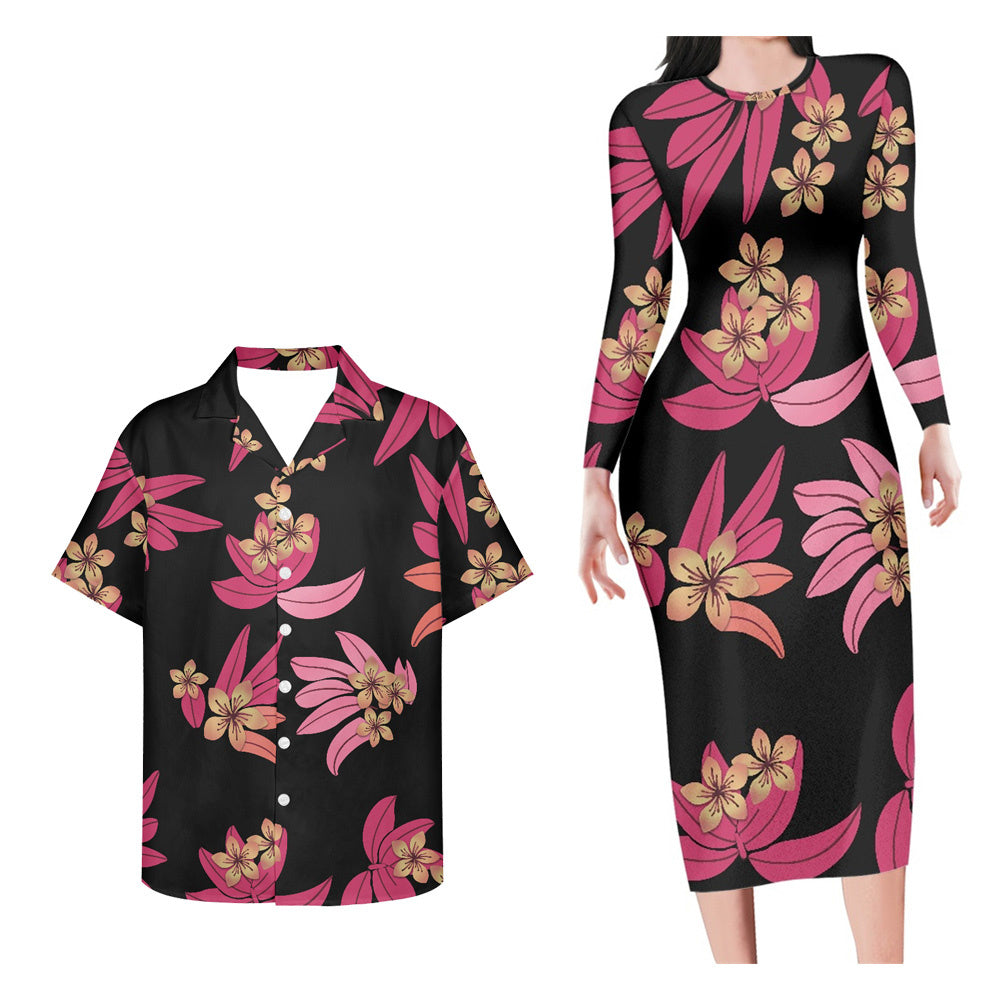Matching Outfit For Couples Hawaii Flowers Pattern Bodycon Dress And Hawaii Shirt