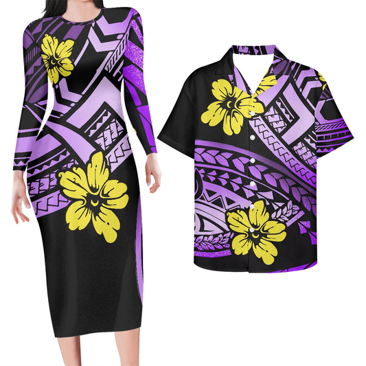Hawaii Matching Outfit For Couples Hawaii Flowers Tattoo Curve Purple Style Bodycon Dress And Hawaii Shirt