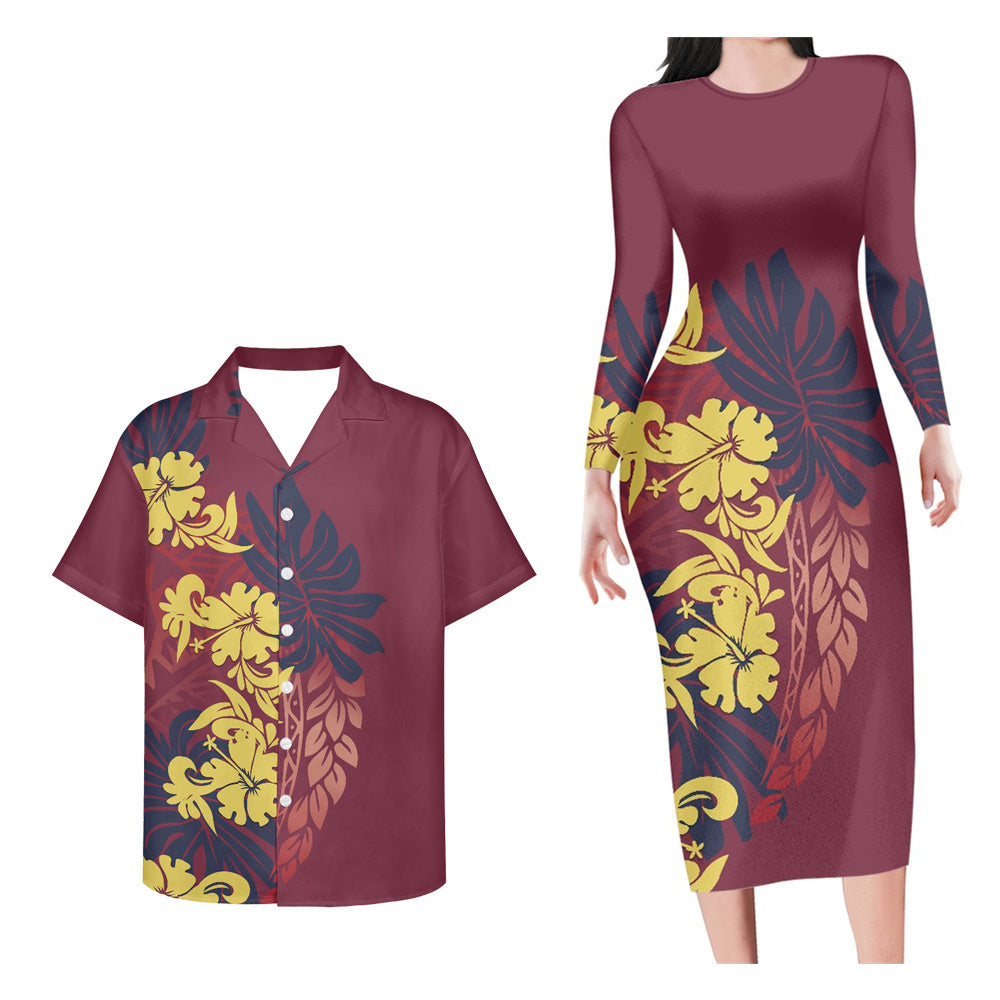 Matching Outfit For Couples Hibicus Flowers Leaf Pattern Long Sleeve Bodycon Dress And Hawaii Shirt