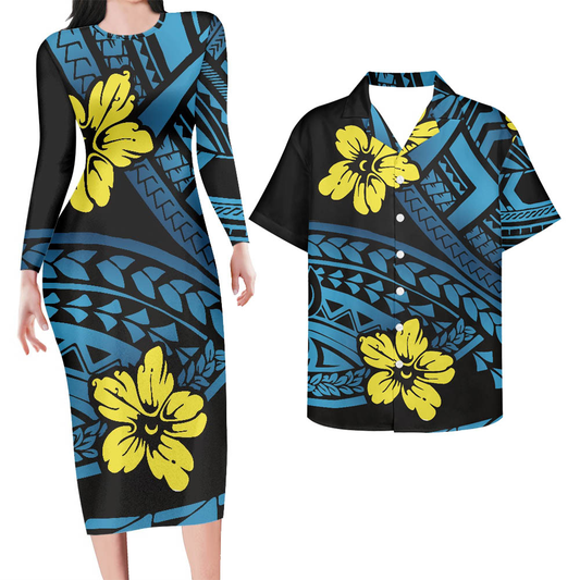 Hawaii Matching Outfit For Couples Hawaii Flowers Tattoo Curve Blue Style Bodycon Dress And Hawaii Shirt