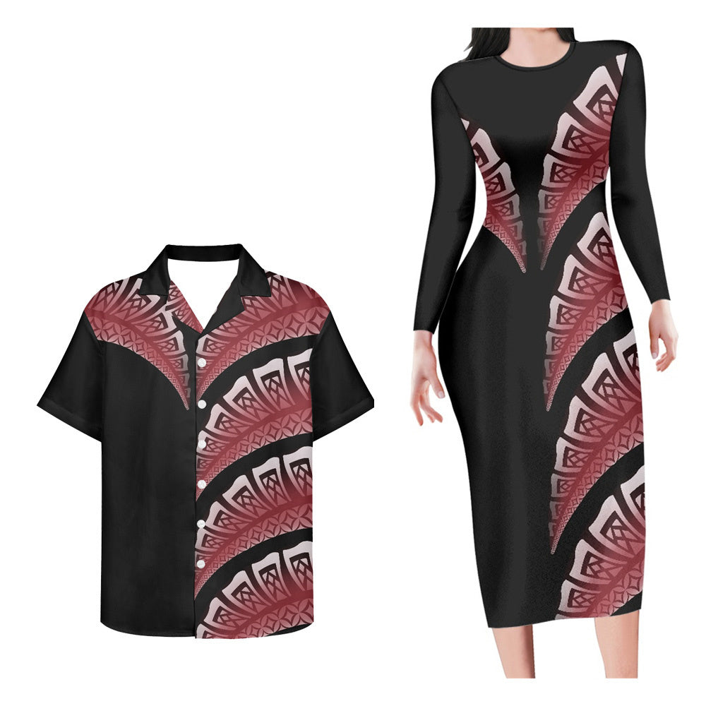 Hawaii Matching Outfit For Couples Polynesian Tattoo Leaf Pattern Bodycon Dress And Black Hawaii Shirt