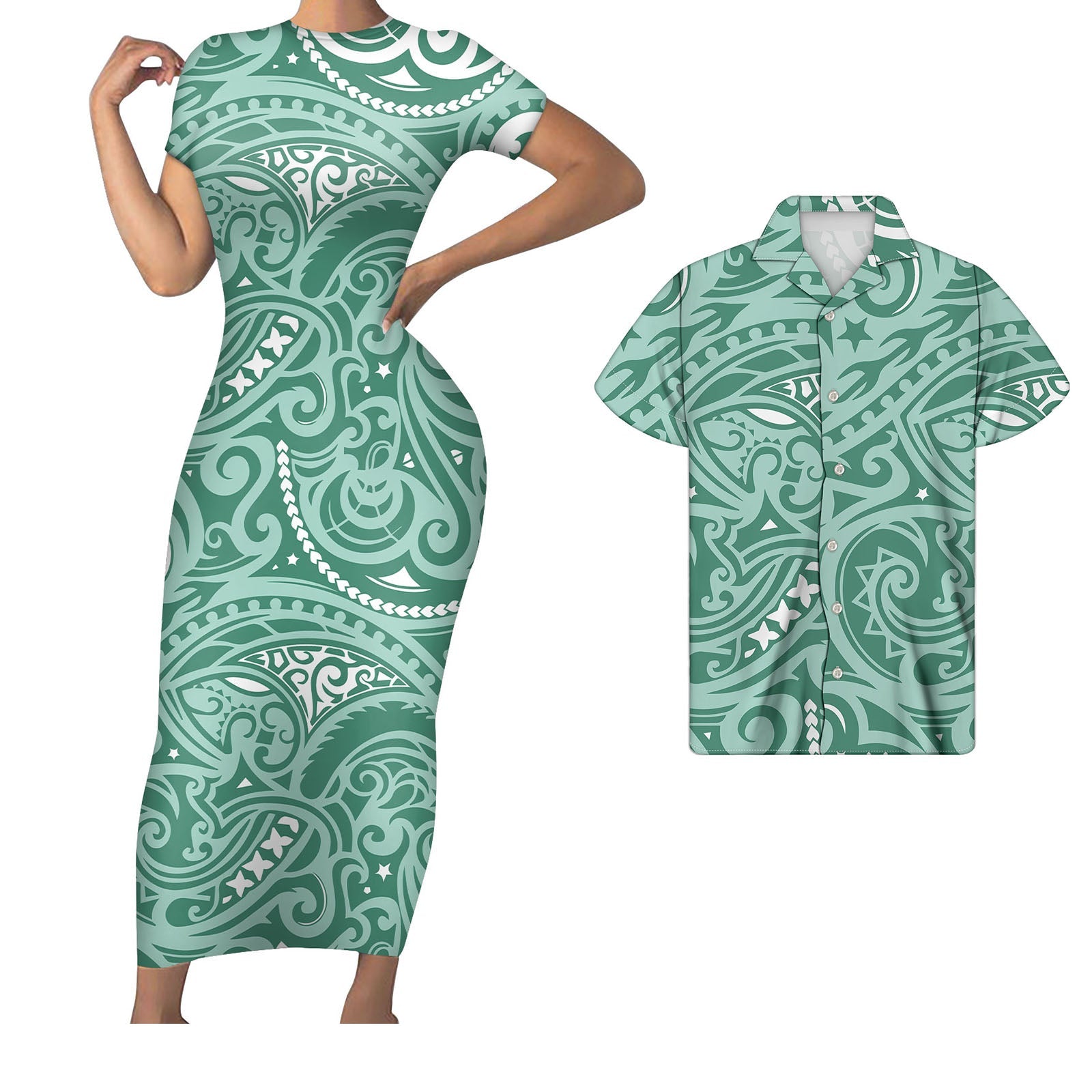Polynesian His And Her Hawaii Matching Outfit For Couples Polynesian Tribal Pattern Bodycon Dress And Hawaii Shirt