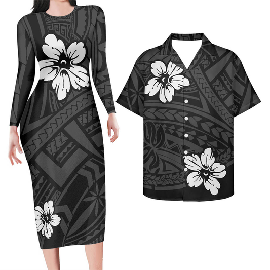 Hawaii Outfit For Couples Hawaii Hibicus Flowers Black Style Bodycon Dress And Hawaii Shirt