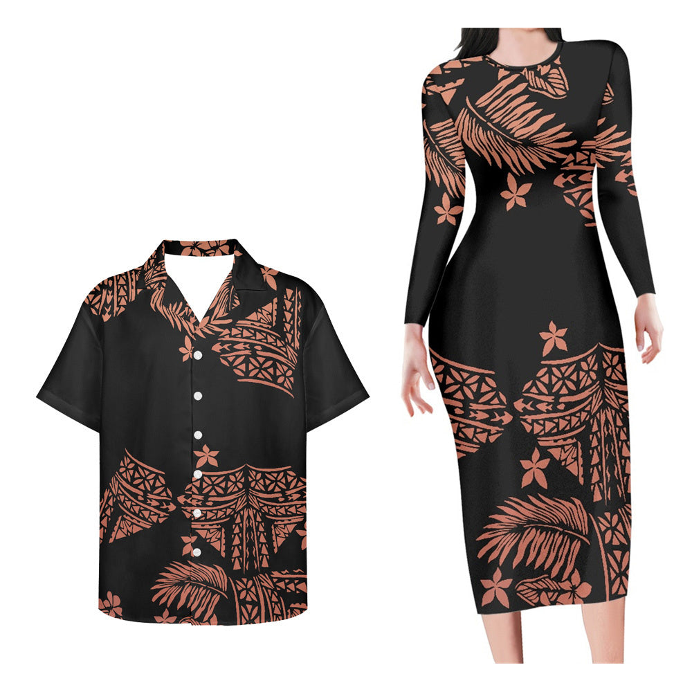 Hawaii Pattern Matching Outfit For Couples Long Sleeve Bodycon Dress And Hawaii Shirt
