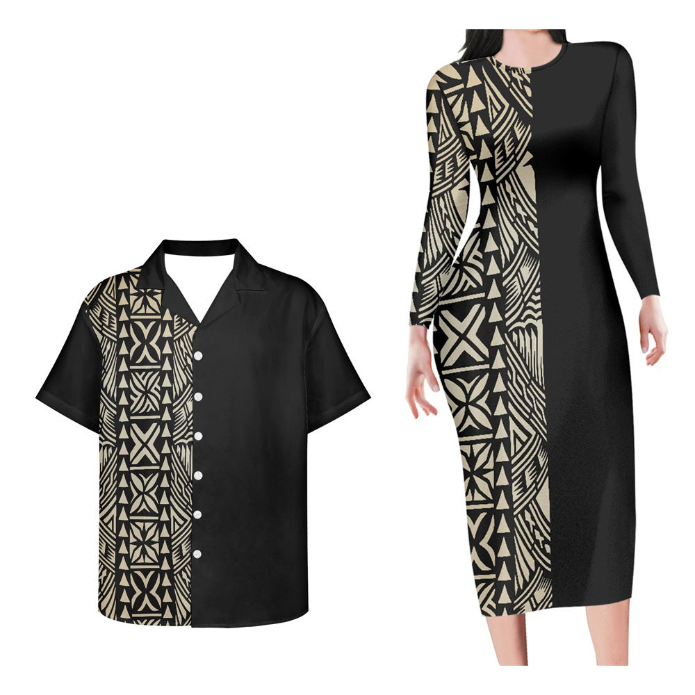 Matching Outfit For Couples Polynesian Tribal Haft Style Bodycon Dress And Hawaii Shirt