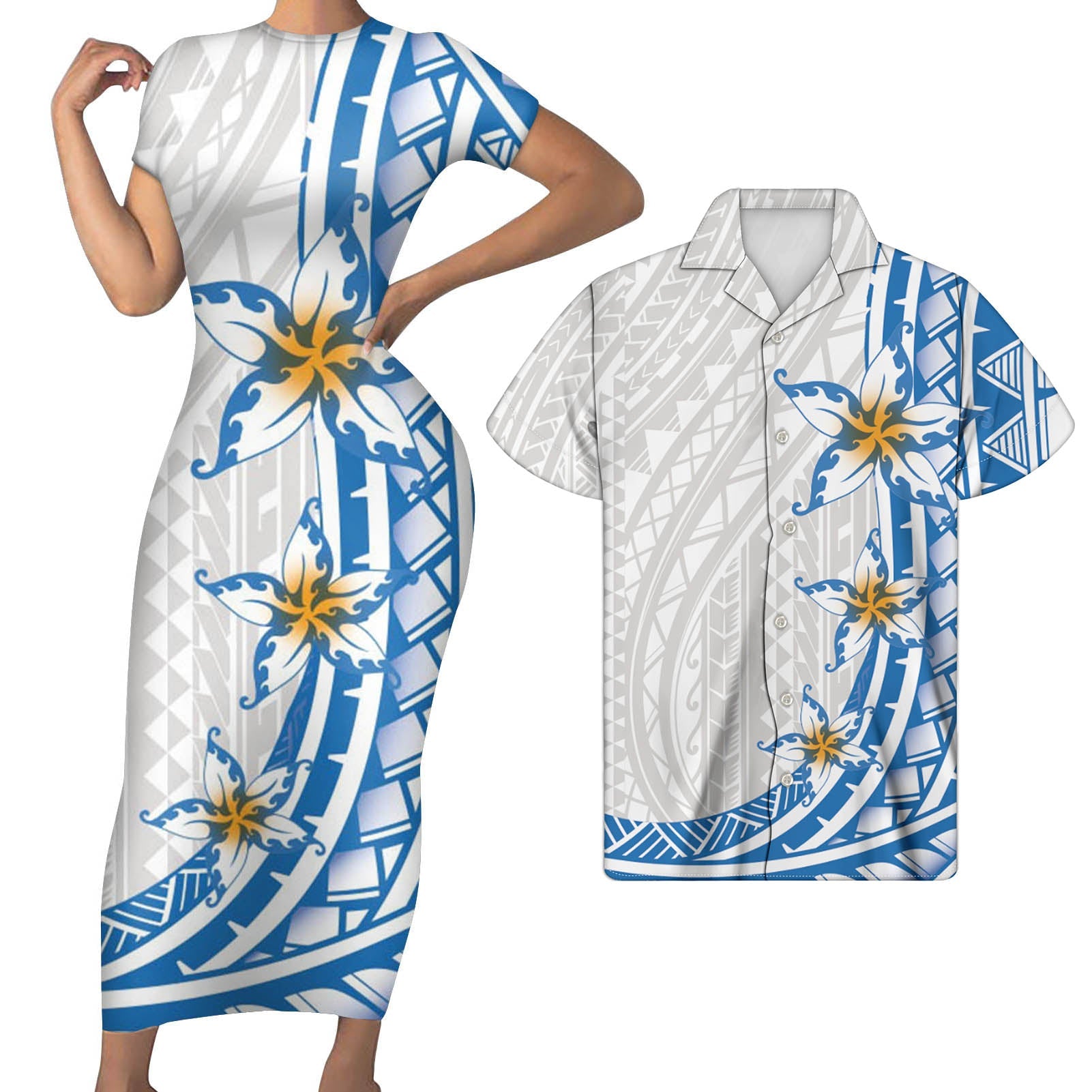 Polynesian Matching Clothes For Couples Hawaii Flowers White Blue Bodycon Dress And Hawaii Shirt