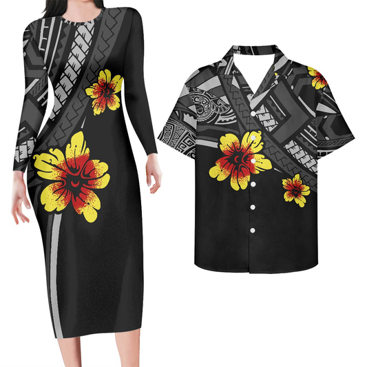 Hawaii Outfit For Couples Hawaii Floral Polynesian Pattern Black Bodycon Dress And Hawaii Shirt