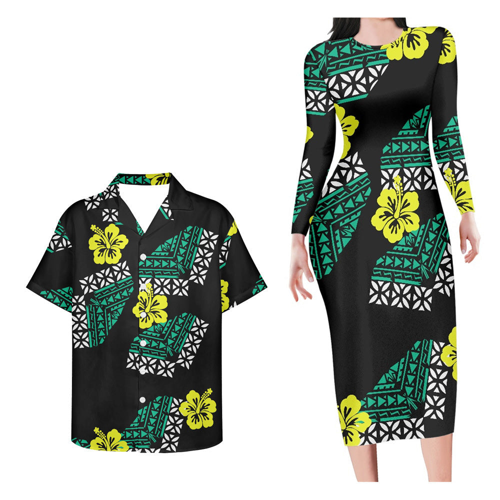 Hawaii Pattern Matching Outfit For Couples Yellow Hibiscus Long Sleeve Bodycon Dress And Hawaii Shirt