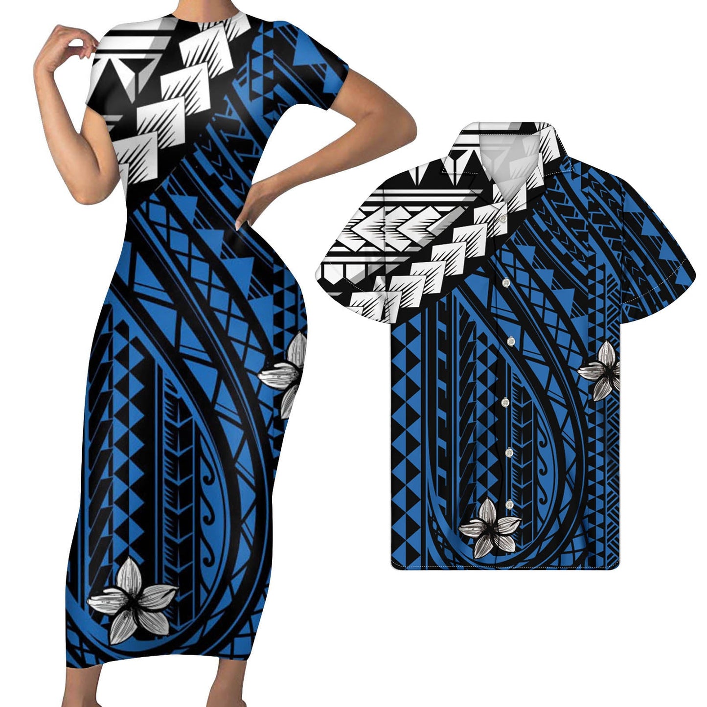 Polynesian Matching Outfit For Couples Polynesian Tribal Pattern Blue Bodycon Dress And Hawaii Shirt