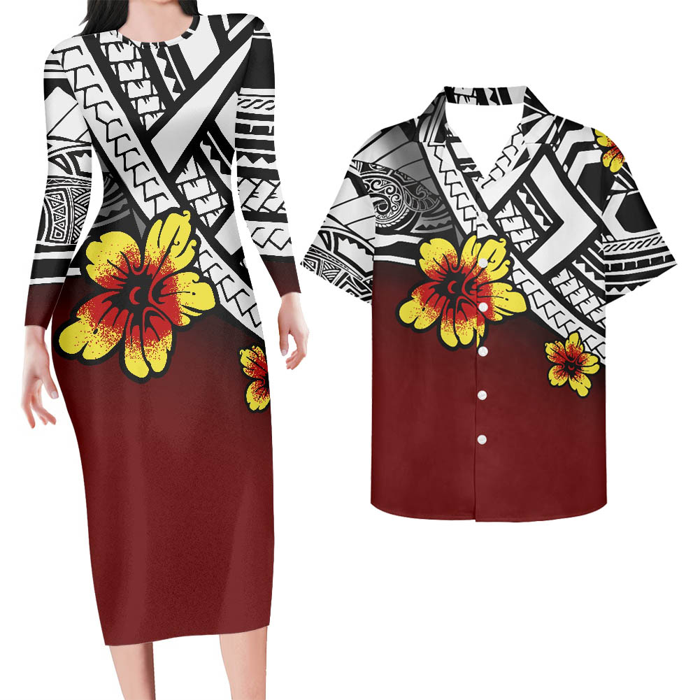 Hawaii His And Her Matching Outfit For Couples Hawaii Hibiscus Flowers Red Style Bodycon Dress And Hawaii Shirt