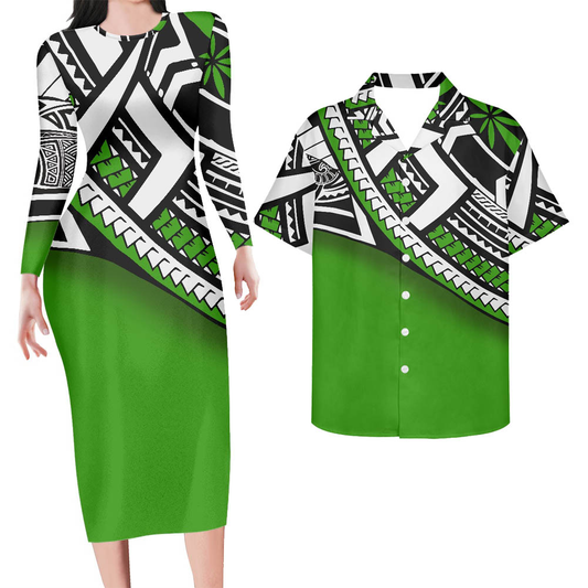 Hawaii His And Her Matching Outfit For Couples Polynesian Tribal Pattern Green Bodycon Dress And Hawaii Shirt