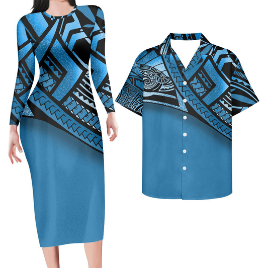 Hawaii His And Her Matching Outfit For Couples Polynesian Tribal Pattern Blue Bodycon Dress And Hawaii Shirt
