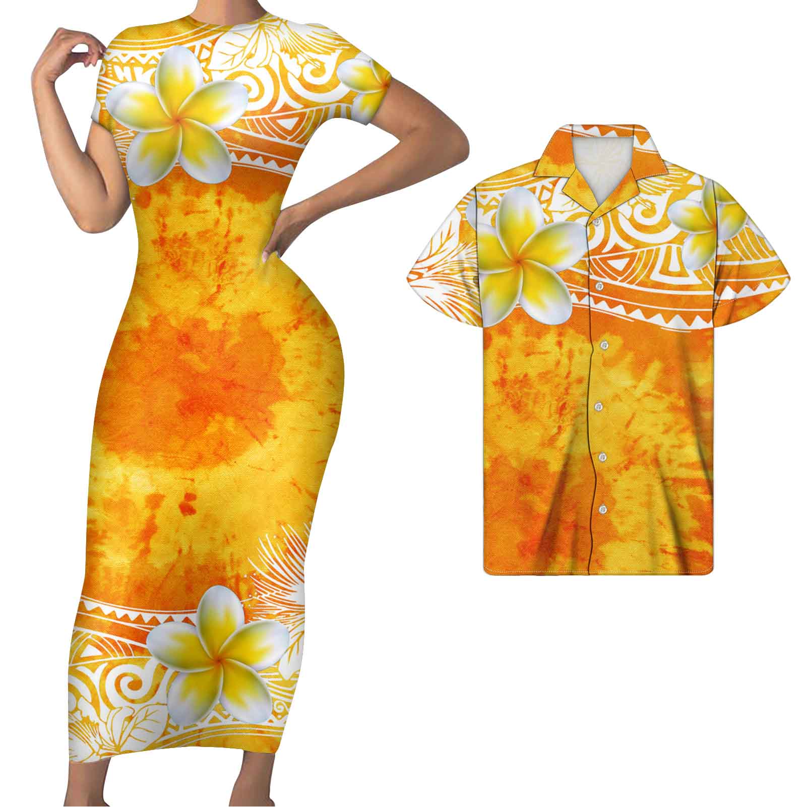 Polynesian Matching Clothes For Couples Hawaii Hibiscus Yellow Bodycon Dress And Hawaii Shirt