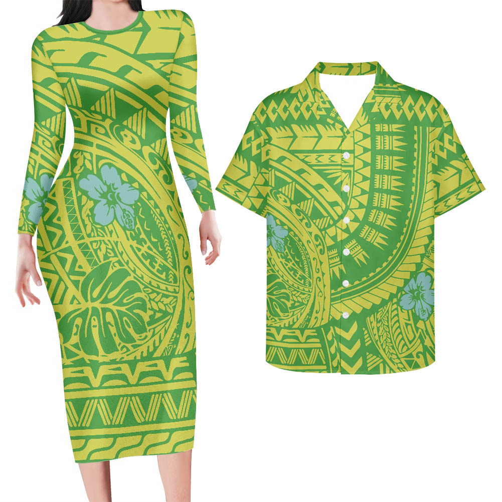 Hawaii His And Her Matching Outfit For Couples Polynesian Tribal Pattern Tattoo Green Bodycon Dress And Hawaii Shirt
