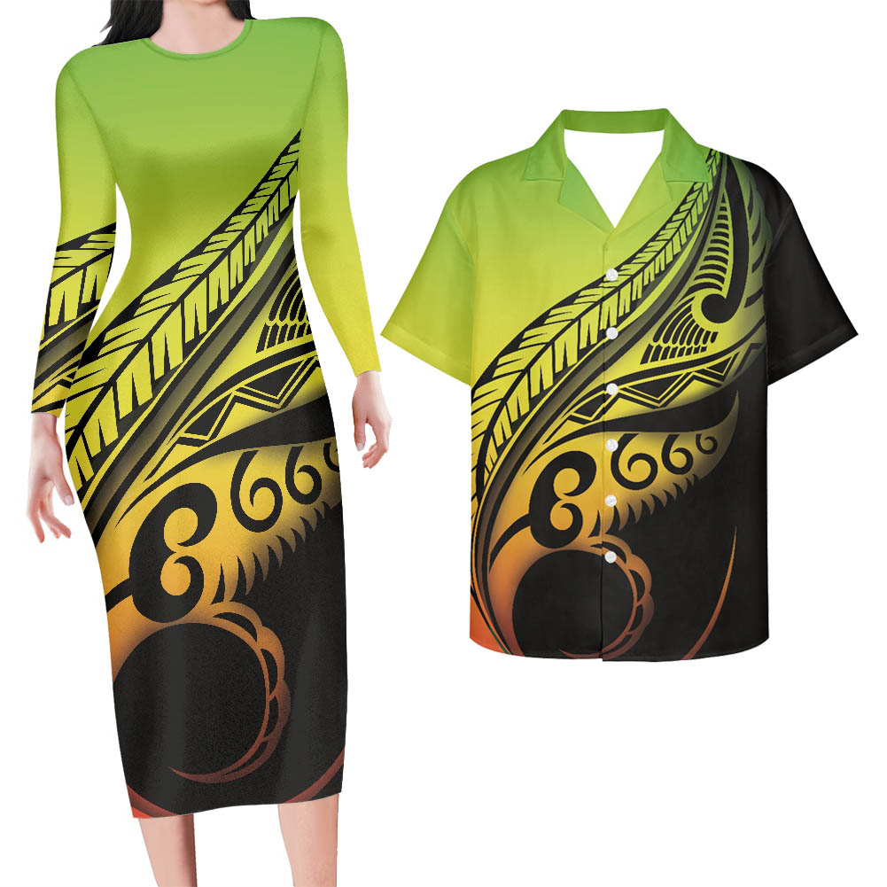 Hawaii His And Her Hawaii Matching Outfit For Couples Polynesian Tribal Pattern Bodycon Dress And Hawaii Shirt