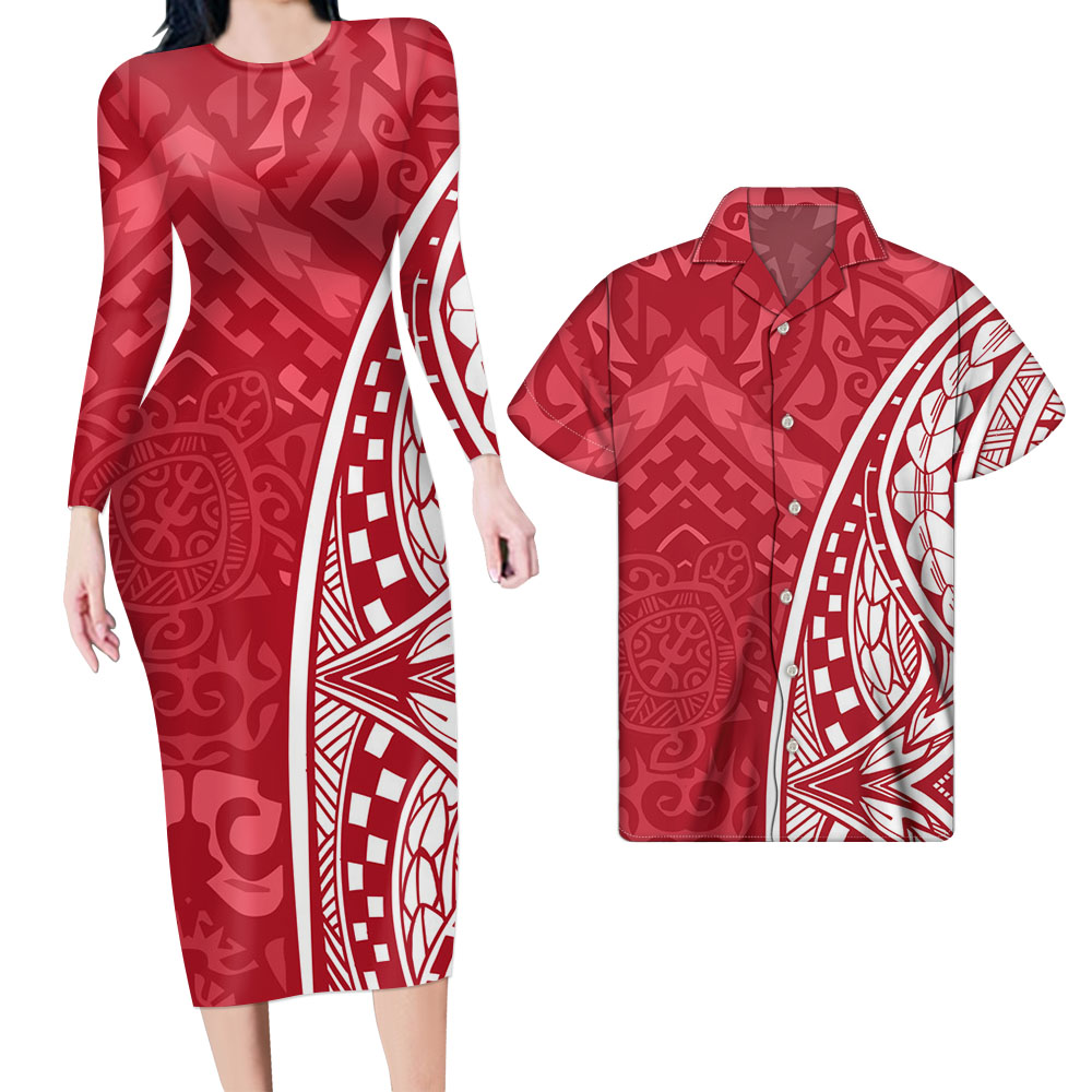 Hawaii Matching Outfit For Couples Red Curve Style Bodycon Dress And Hawaii Shirt