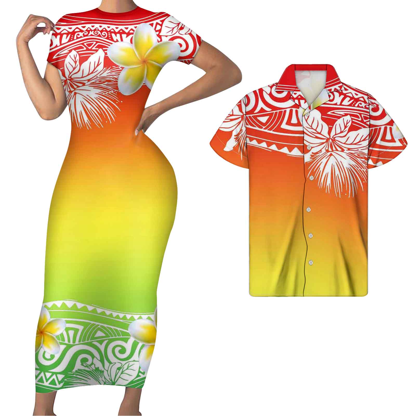 Polynesian Hawaii Matching Outfit For Couples Hawaii Plumeria Bodycon Dress And Hawaii Shirt