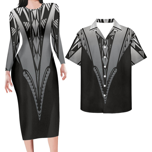 Hawaii Matching Outfit For Couples Polynesian Tribal Pattern V Style Black Bodycon Dress And Hawaii Shirt