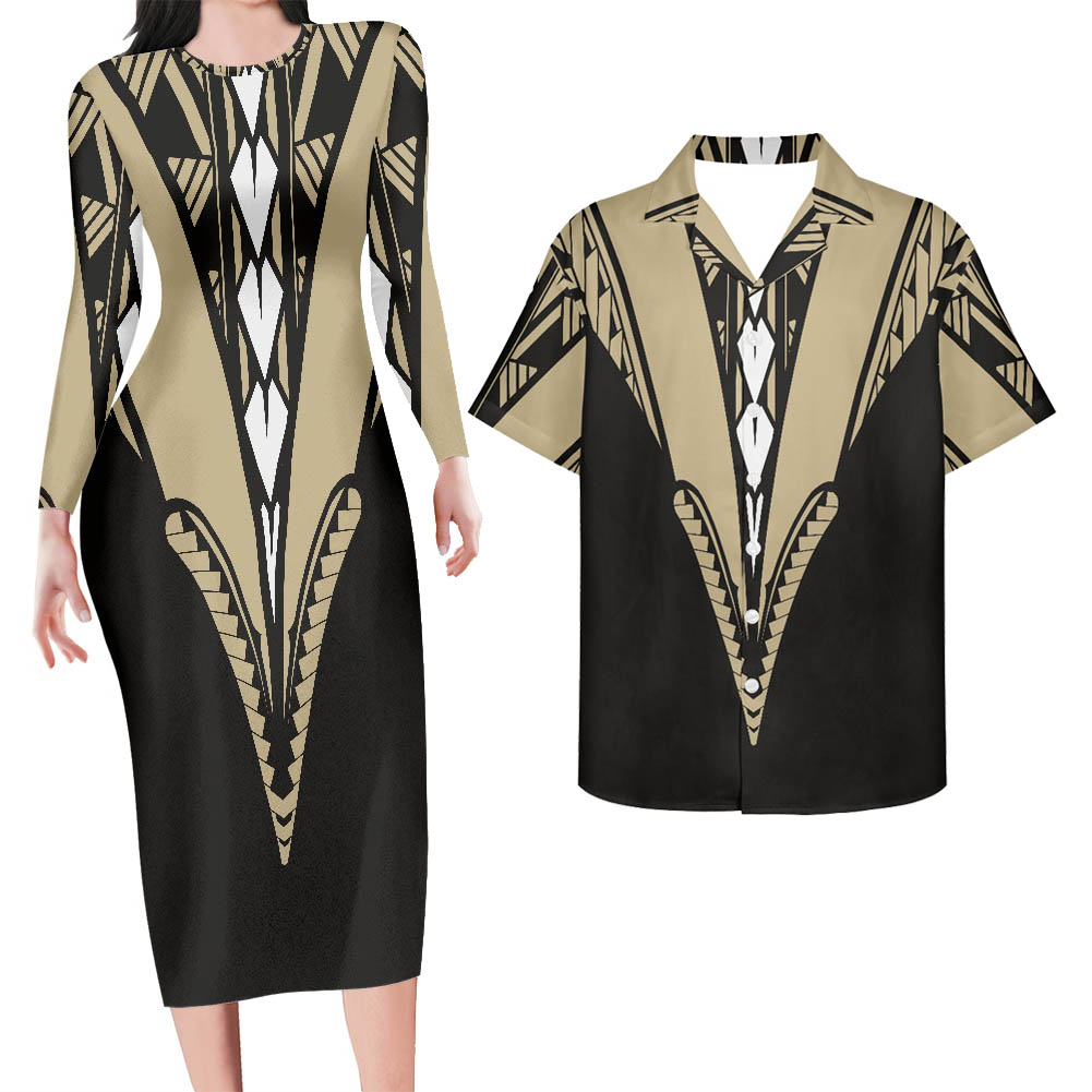Hawaii Matching Outfit For Couples Polynesian Tribal Pattern V Style Grey Bodycon Dress And Hawaii Shirt