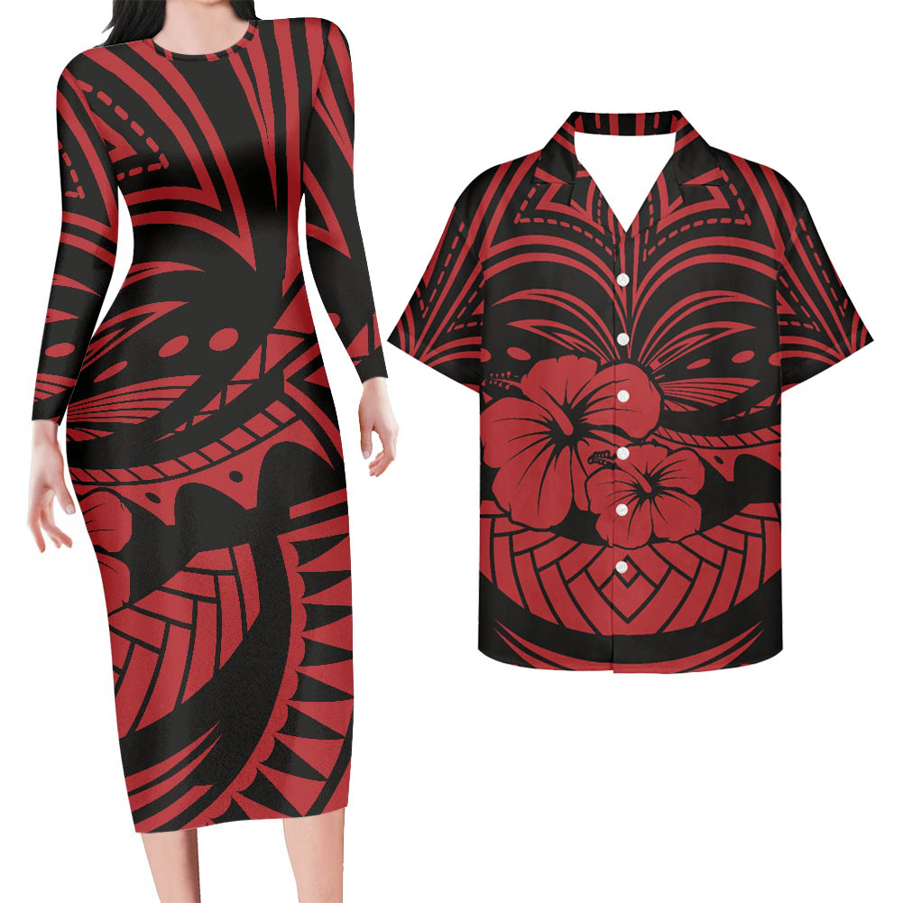 Hawaii Matching Outfit For Couples Hawaii Hibiscus Red Bodycon Dress And Hawaii Shirt
