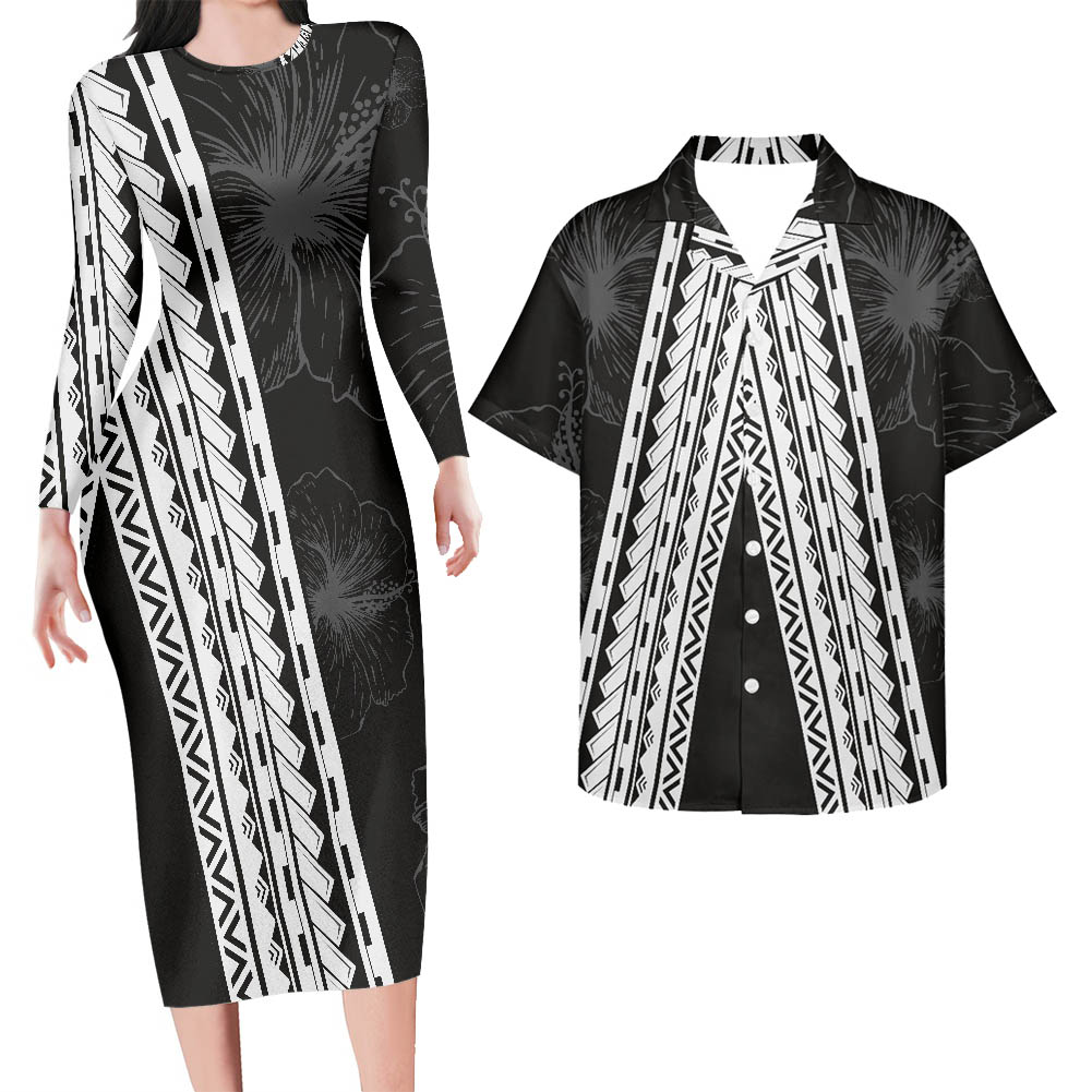 Hawaii Matching Outfit For Couples White Polynesian Tribal Pattern Bodycon Dress And Hawaii Shirt