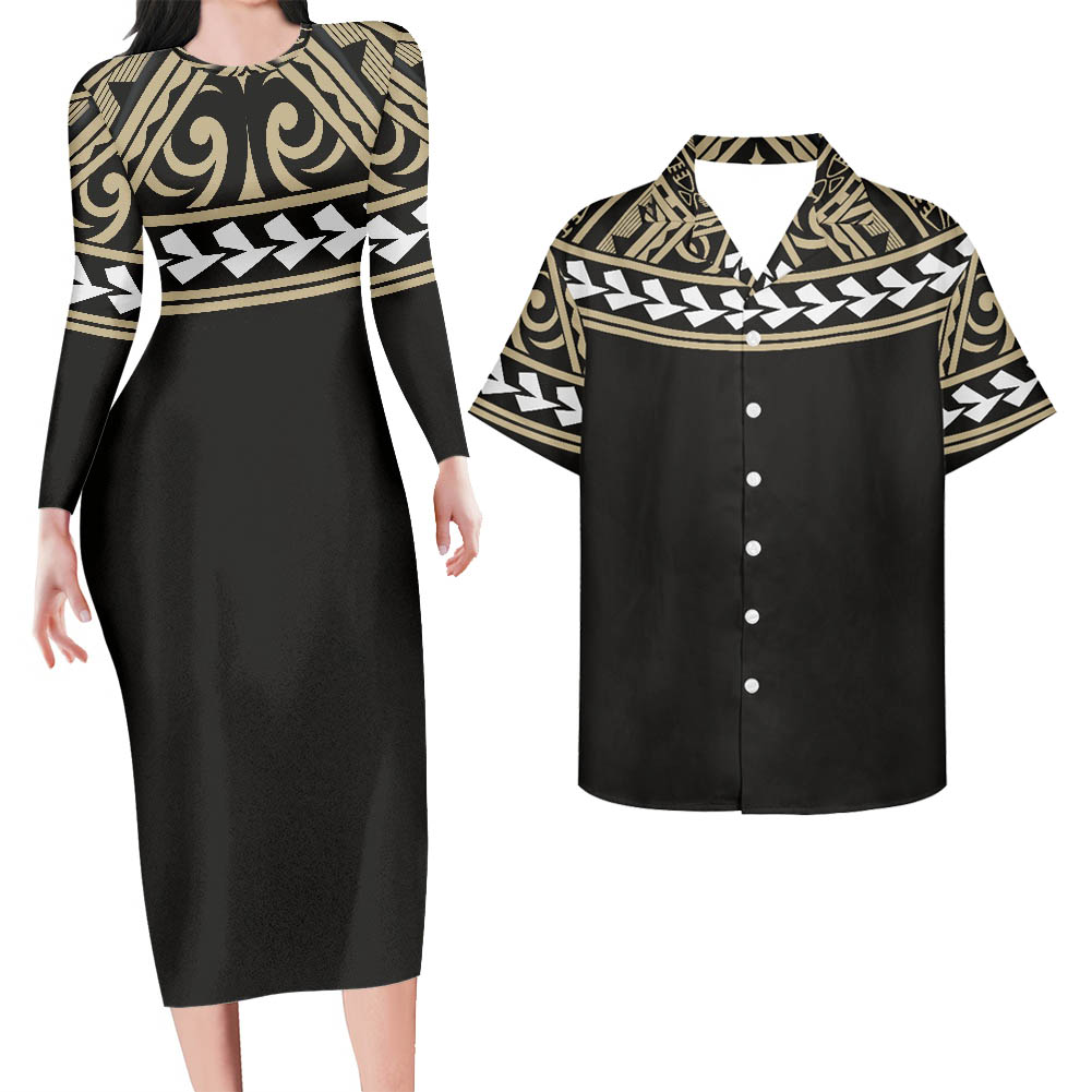 Hawaii Matching Outfit For Couples Polynesian Tribal Pattern Haft Style Black Bodycon Dress And Hawaii Shirt