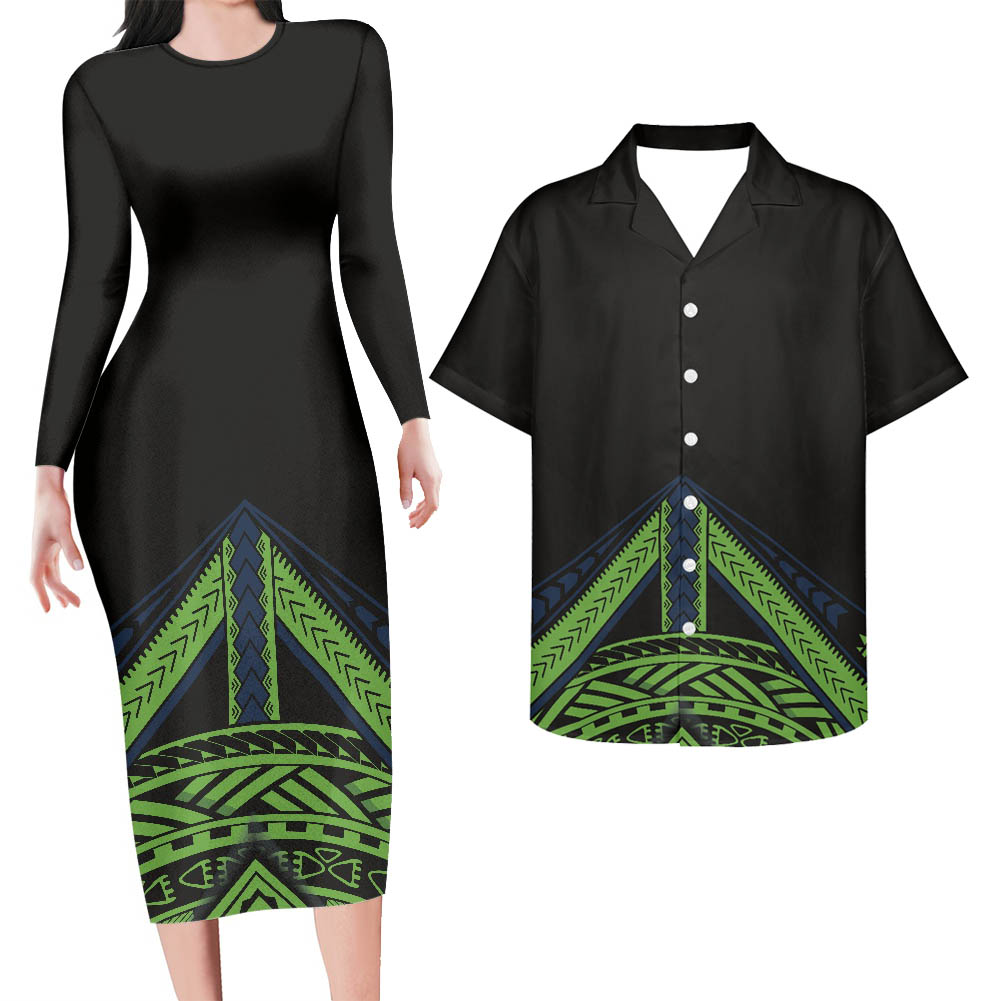 Hawaii Matching Outfit For Couples Green Polynesian Tribal Pattern Bodycon Dress And Hawaii Shirt