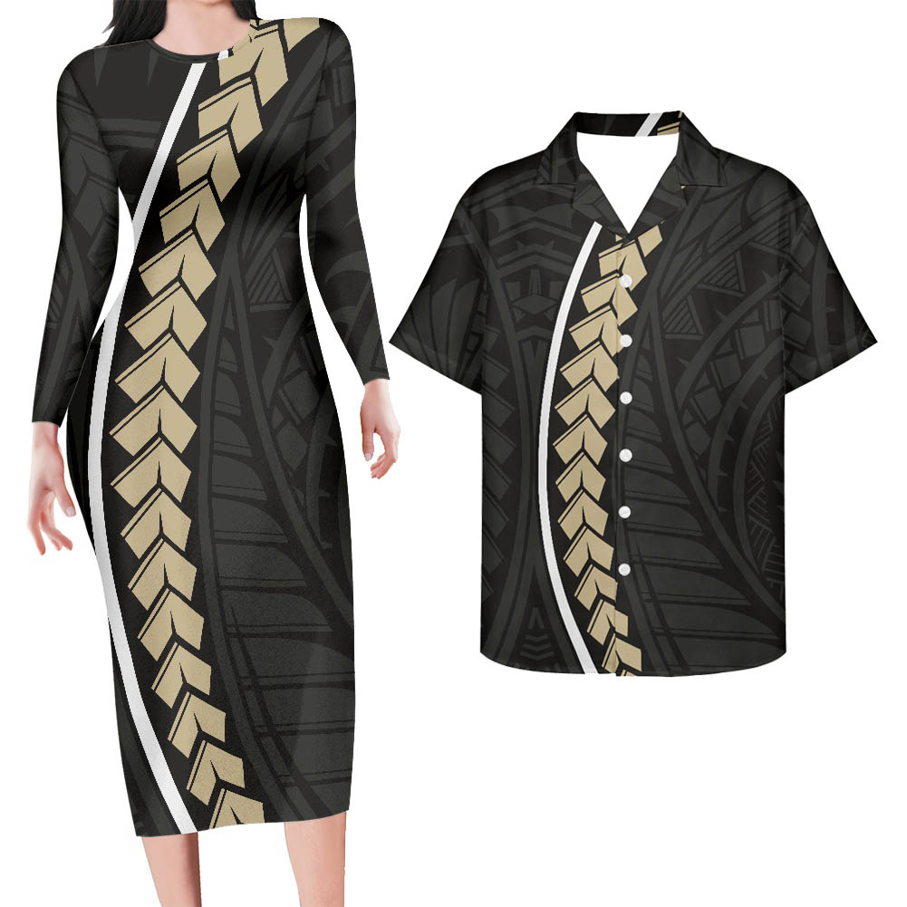 Hawaii Matching Outfit For Couples Grey Polynesian Tribal Pattern Curve Style Bodycon Dress And Hawaii Shirt