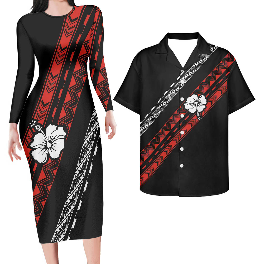 Hawaii Matching Outfit For Couples Polynesian Tribal Pattern Combine Hawaii Floral Bodycon Dress And Hawaii Shirt
