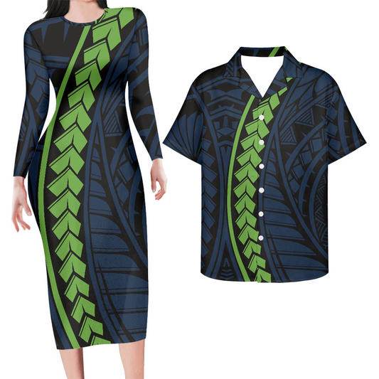 Hawaii Matching Outfit For Couples Green Polynesian Tribal Pattern Bodycon Dress For Her And Hawaii Shirt For Him