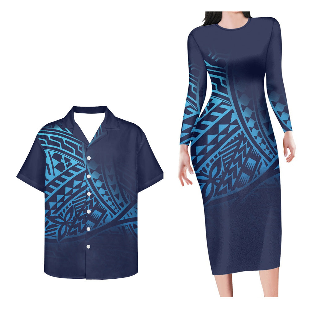 Hawaii Matching Clothes For Couples Polynesian Tribal Pattern Blue Bodycon Dress And Hawaii Shirt