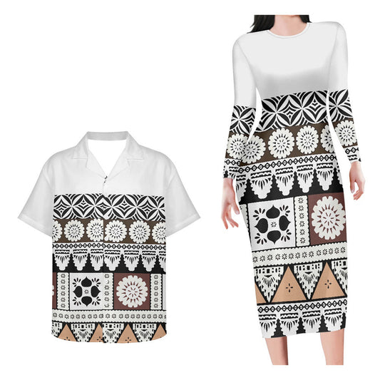 Hawaii Matching Outfit For Couples Polynesian Tribal Pattern White Long Sleeve Bodycon Dress And Hawaii Shirt