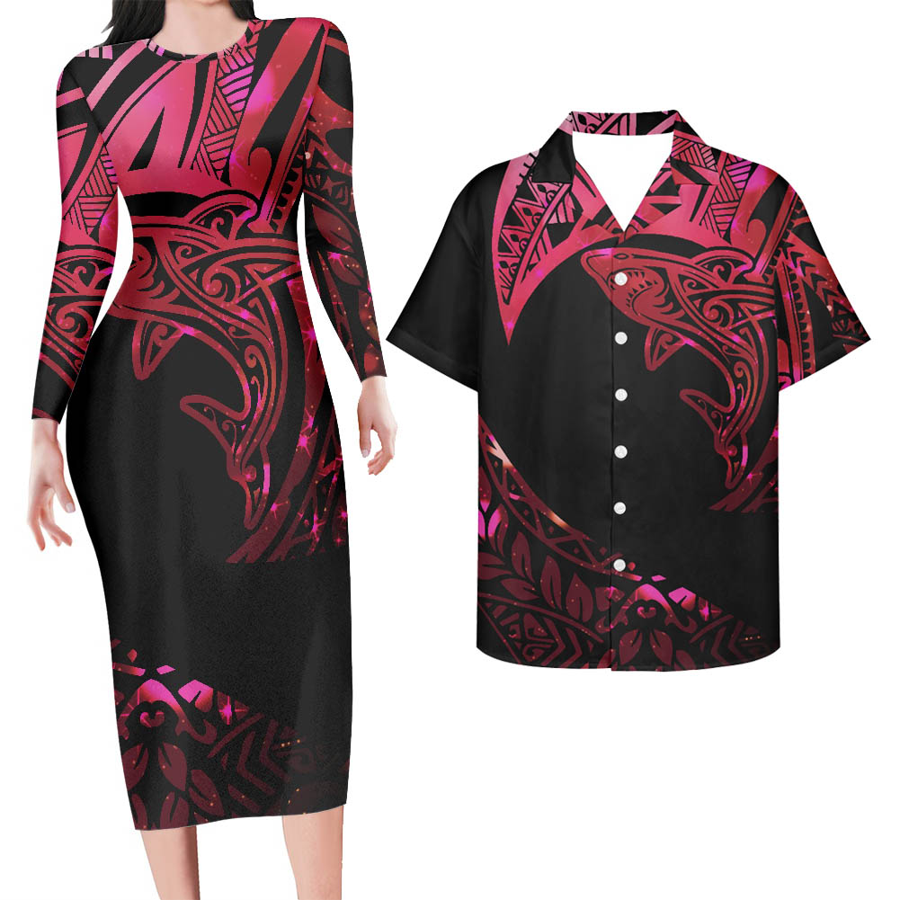 Hawaii Matching Outfit For Couples Hawaii Shark Tattoo Bodycon Dress And Hawaii Shirt