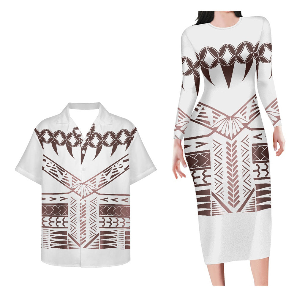 Polynesian Tribal Matching Outfit For Couples Long Sleeve Bodycon Dress And Hawaii Shirt