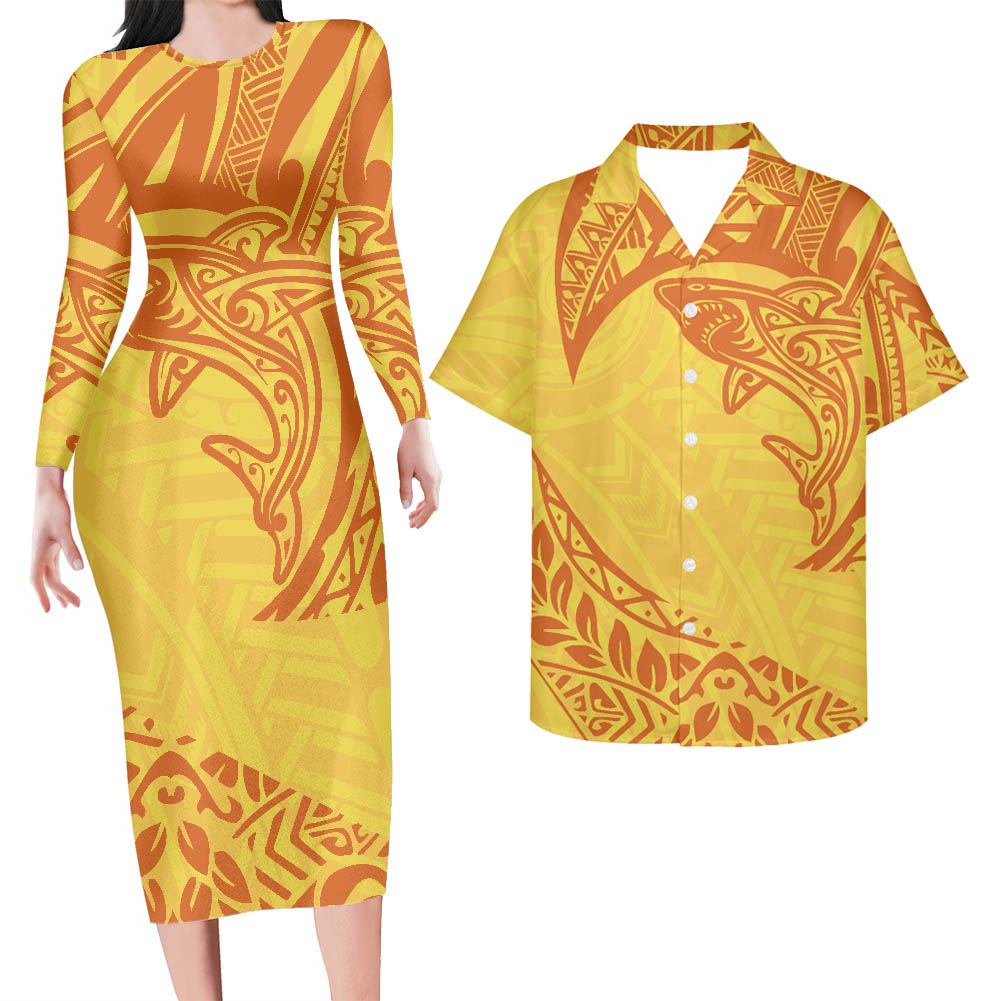 Hawaii Matching Outfit For Couples Hawaii Shark Tattoo Yellow Bodycon Dress And Hawaii Shirt
