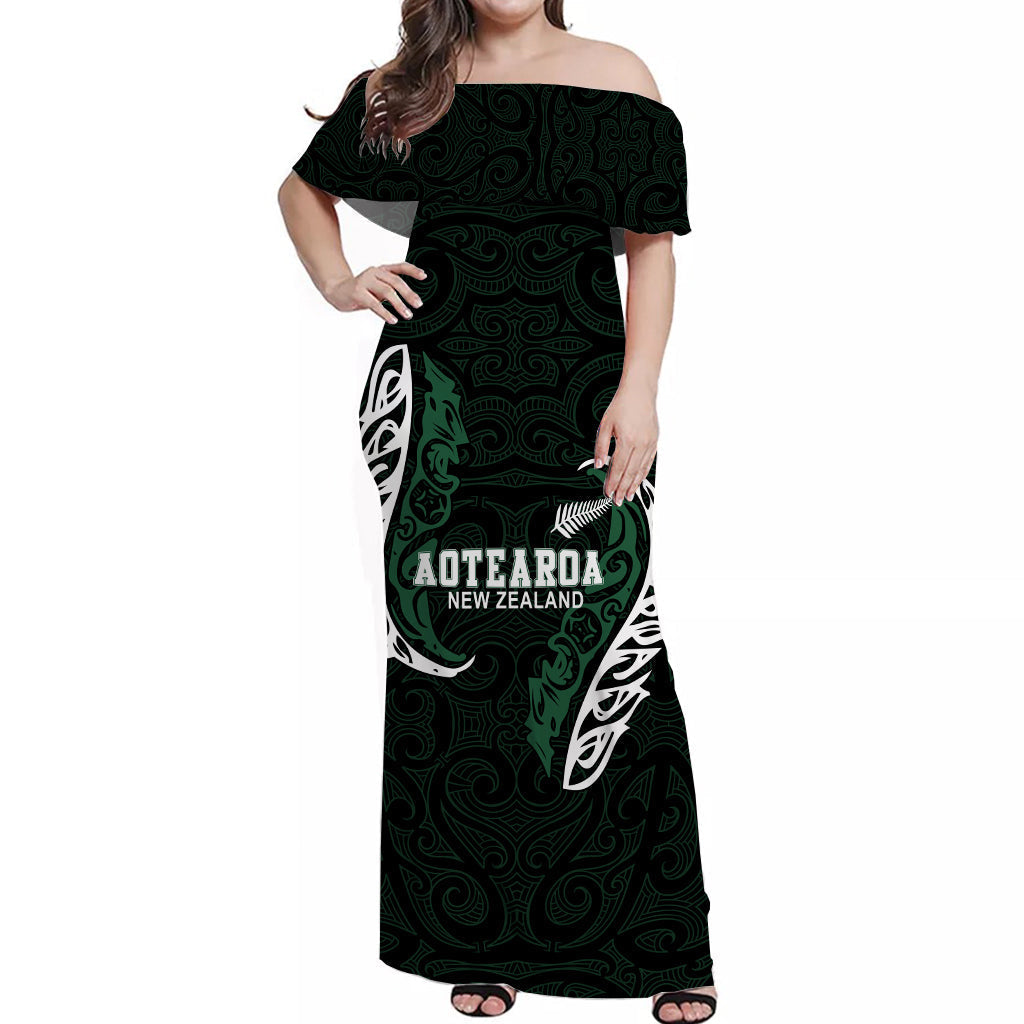 New Zealand Maori Off Shoulder Long Dress Aotearoa Mix Silver Fern Ver.01