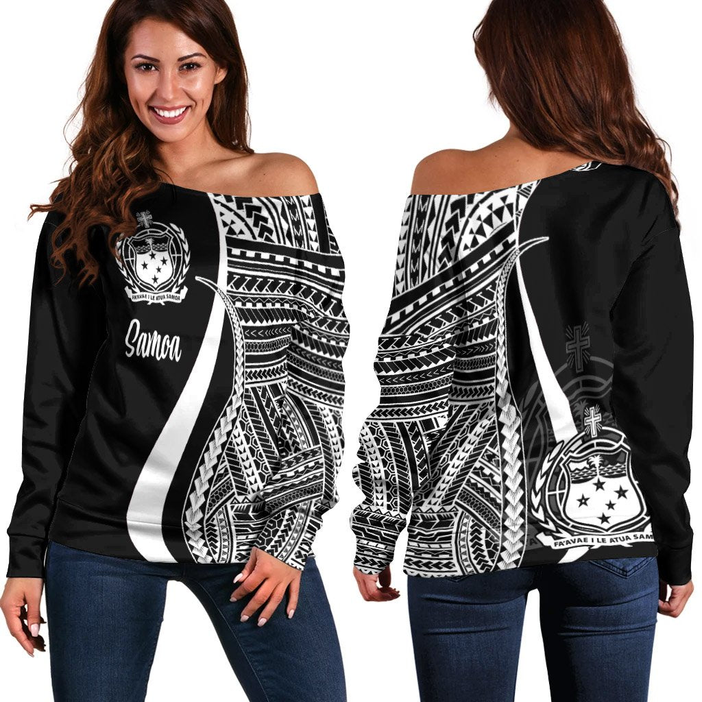 Samoa Women's Off Shoulder Sweater White Polynesian Tentacle Tribal Pattern