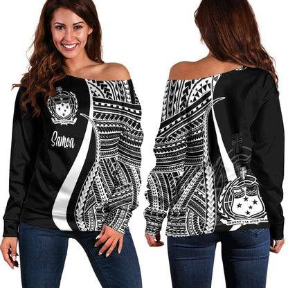 Samoa Women's Off Shoulder Sweater White Polynesian Tentacle Tribal Pattern